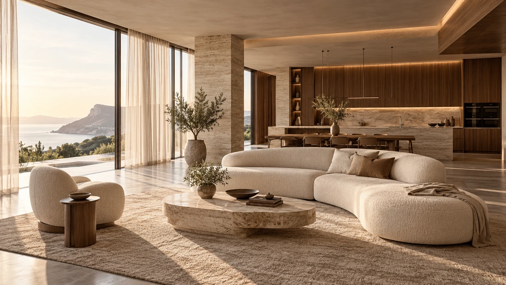 Espace de vie contemporain avec cuisine et mobilier en bois